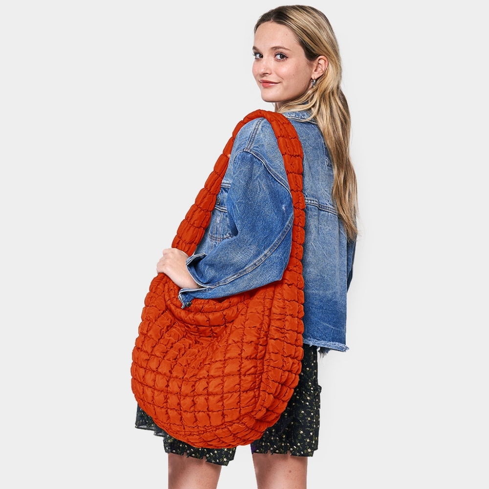 Orange Puffer Hobo Bag Purse Quilted Shoulder Womens Fashion Accessory Crossbody